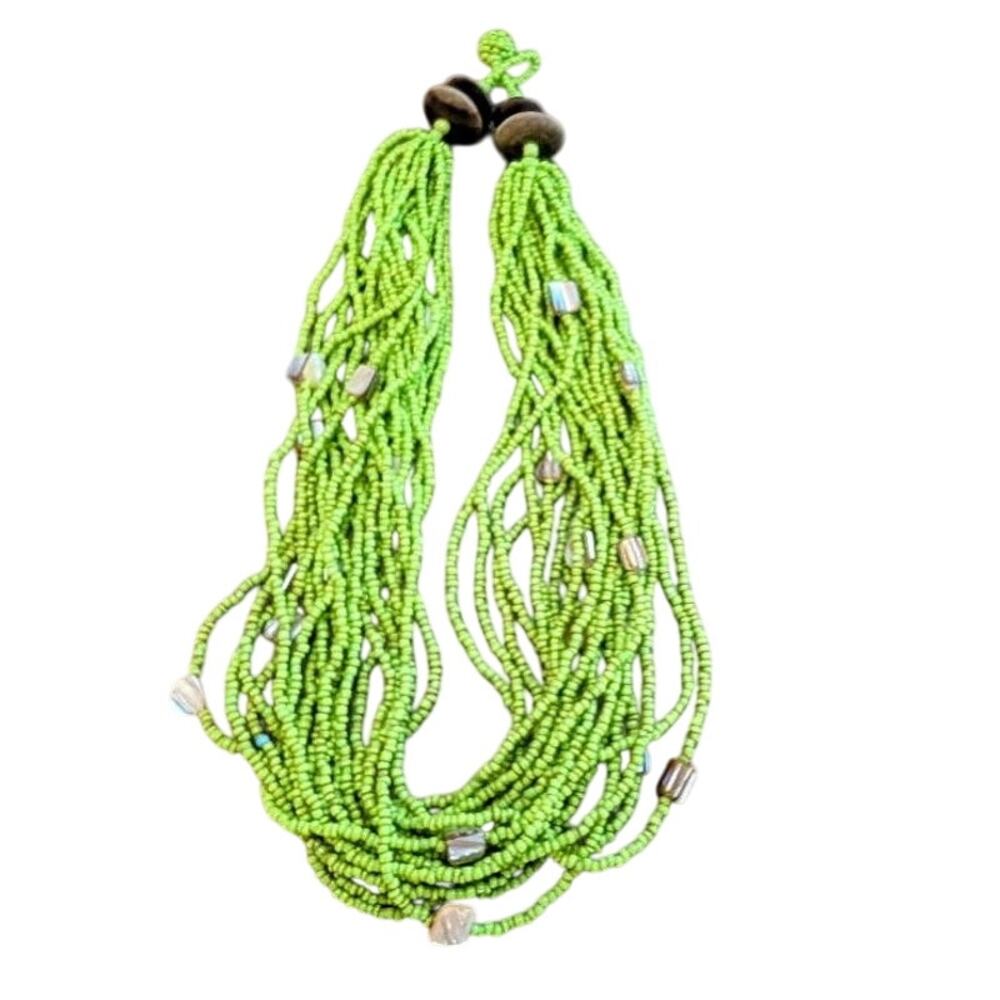 Vintage Chunky Boho green multi strand glass beaded 18 inch necklace